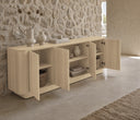Mueble TV MARSELLA de 160 cm con 4 puertas, en roble natural, en un salón, con las puertas abiertas