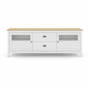 Mueble TV MUSGO de 180 cm con 2 puertas de cristal y 2 cajones, en blanco, vista frontal