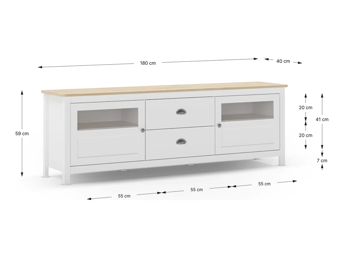 Croquis de medidas de Mueble TV MUSGO de 180 cm con 2 puertas de cristal y 2 cajones