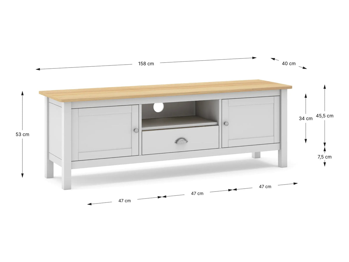 Croquis de medidas de Mueble TV MUSGO de 158 cm con 2 puertas, 1 cajón y 1 hueco