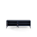 Mueble TV SAYLA de 160 cm con 2 puertas, en azul oscuro, con las puertas abiertas