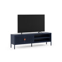 Mueble TV SAYLA de 160 cm con 2 puertas, en azul oscuro, con un televisor encima, de frente