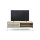 Mueble TV SAYLA de 160 cm con 2 puertas, en crema, con un televisor encima