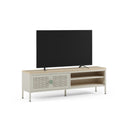 Mueble TV SAYLA de 160 cm con 2 puertas, en crema, con un televisor encima, de frente