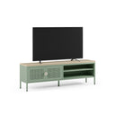 Mueble TV SAYLA de 160 cm con 2 puertas, en verde menta, con un televisor encima, de frente