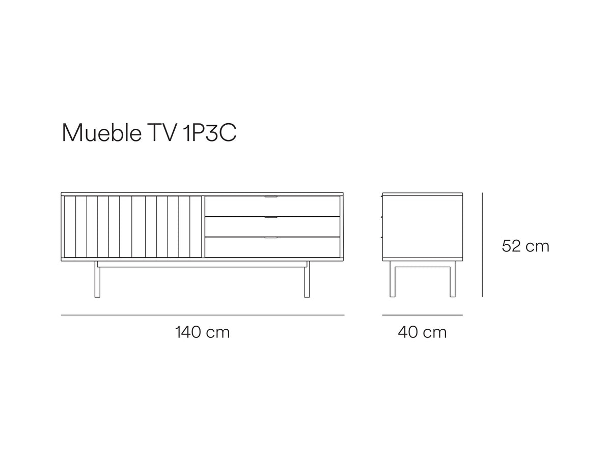 Croquis de medidas de Mueble TV SIERRA de 140 cm con 1 puerta y 3 cajones – Teulat