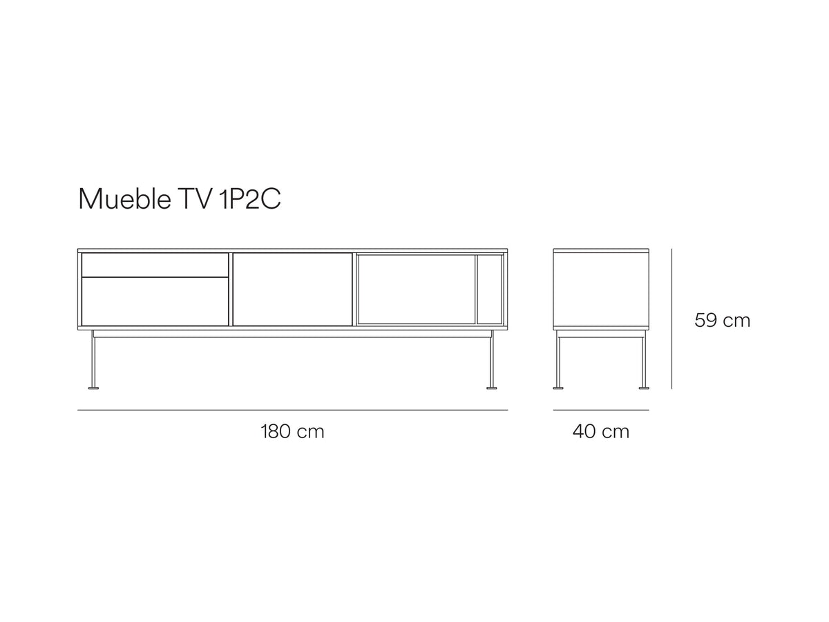 Croquis de medidas de Mueble TV YOKO de 180 cm con 1 puerta y 2 cajones – Teulat