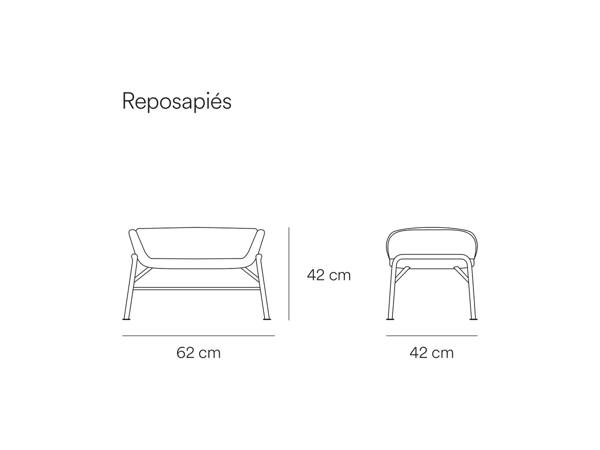 Croquis de medidas de Reposapiés SADIRA tapizado con patas de metal – Teulat