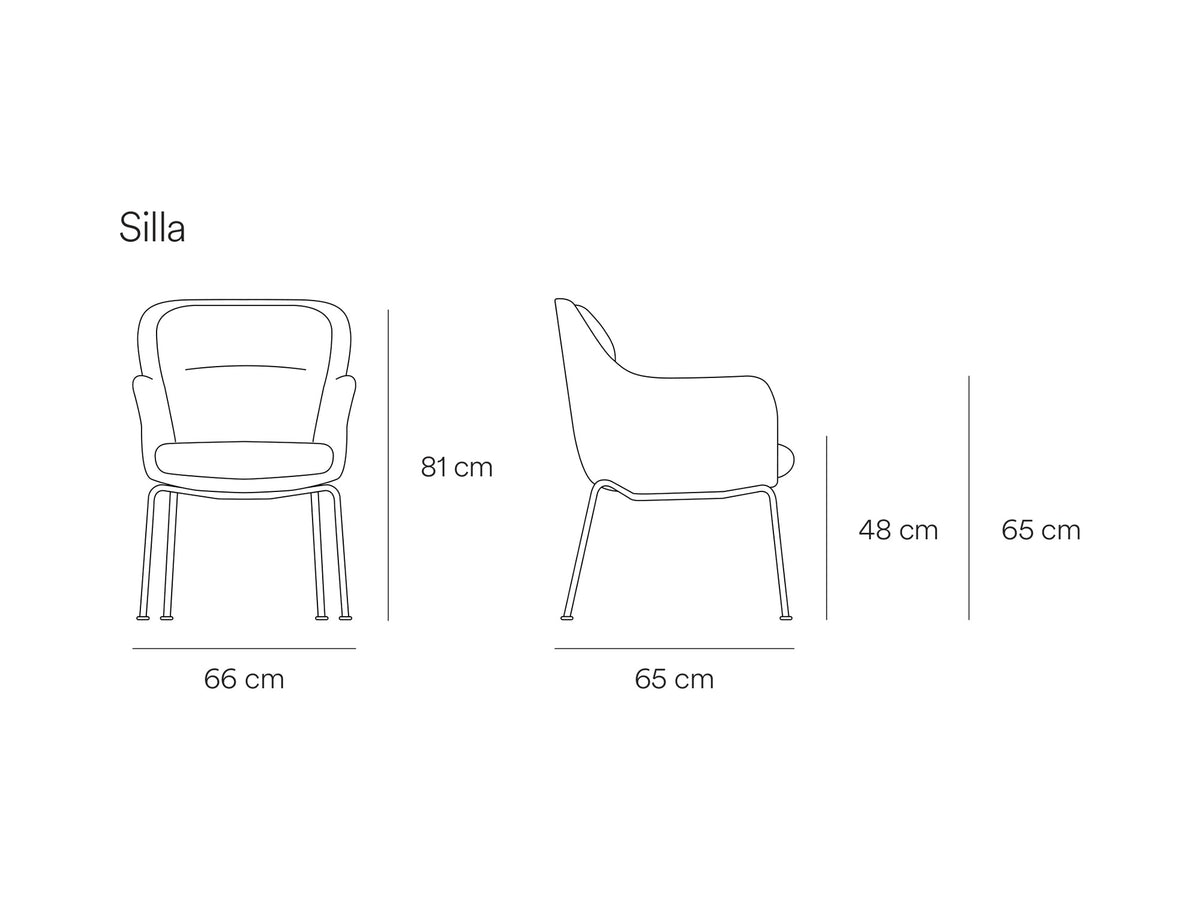 Croquis de medidas de Silla SADIRA tapizada con brazos y patas de metal – Teulat