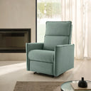 Sillón relax SOUL con posición cardio y doble reposapiés, en verde agua, en un salón junto a la chimenea