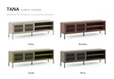 Muestrario TANA: mueble de TV de 160 cm con 2 puertas y 2 huecos en arena, burdeos, verde y moca