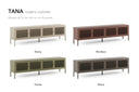Muestrario TANA: mueble de TV de 160 cm con 4 puertas en arena, burdeos, verde y moca