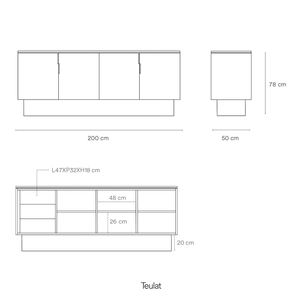 Croquis de medidas de Aparador TOTEM de 200 cm con 4 puertas y 3 cajones – Teulat