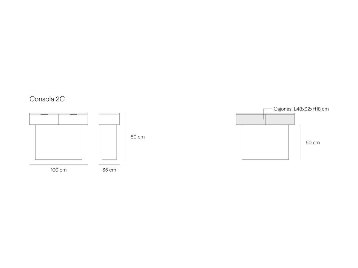 Croquis de medidas de Consola TOTEM de 100 cm con 2 cajones – Teulat