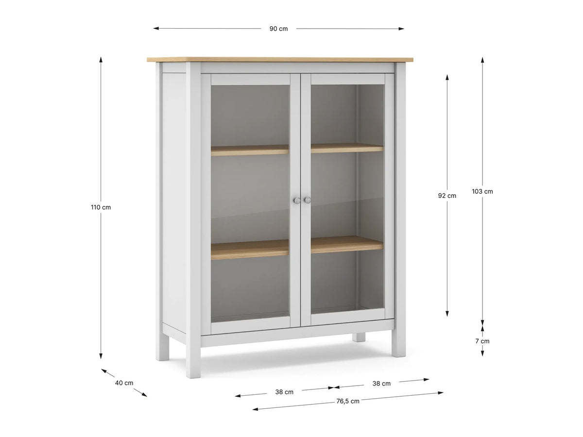 Croquis de medidas de Vitrina MUSGO de 90 cm con 2 puertas de cristal