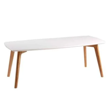 Mesa de Centro MARCO con tapa blanca rectangular y patas de madera anguladas.