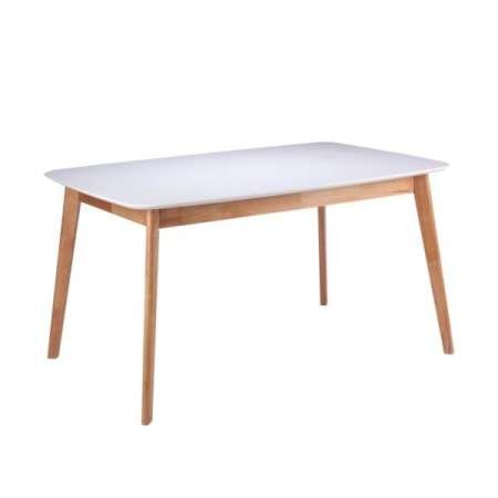 Mesa de comedor rectangular de madera con tapa blanca y elegantes patas cónicas.