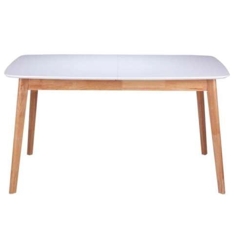 Mesa extensible Kenna de 140 a 180 cm, con tablero blanco y patas de madera. Diseño moderno.