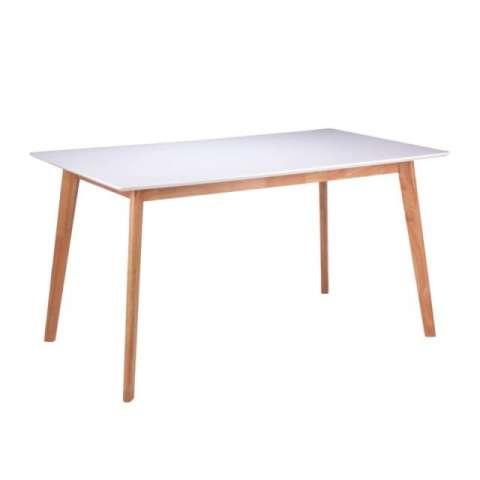 Mesa ALICE 120 con tapa blanca rectangular y cuatro patas de madera robustas.