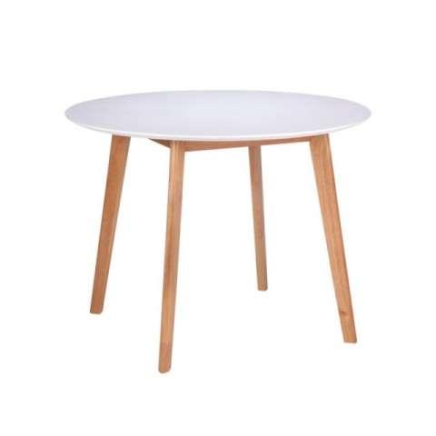 Mesa redonda MONNA 100 blanca con patas de madera.