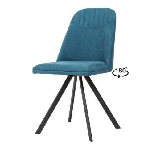 Silla CRIS azul, tapizada y con patas de metal negro. Gira 180 grados.