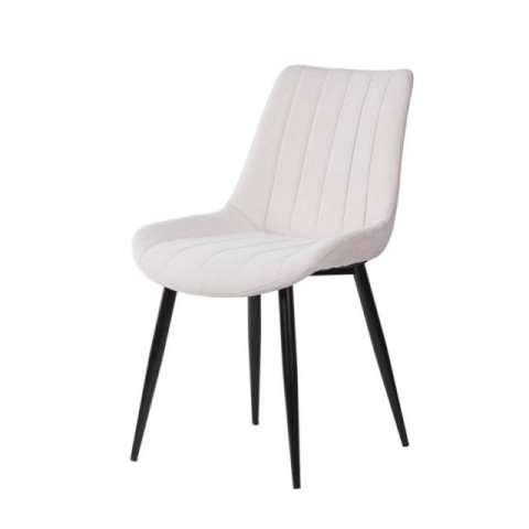 Silla MILA: Silla moderna tapizada en blanco con patas de metal negras y costuras verticales.
