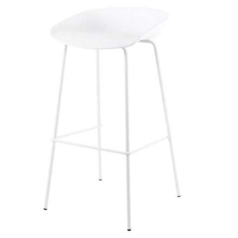 Taburete Bajo NETTA blanco, diseño moderno de asiento curvo y patas metálicas delgadas.