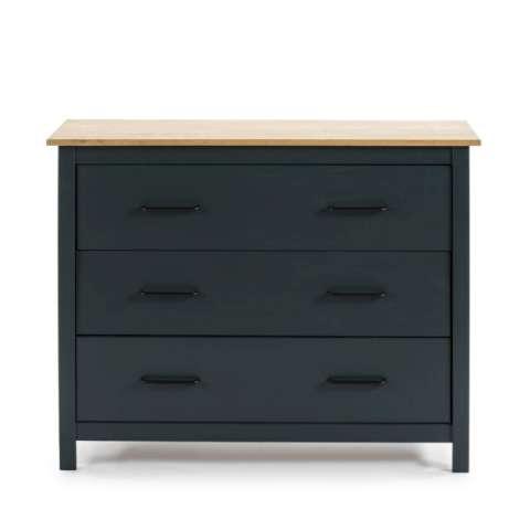 Cómoda Miranda 3C Azul con tres cajones y parte superior de madera clara, estilo refinado.