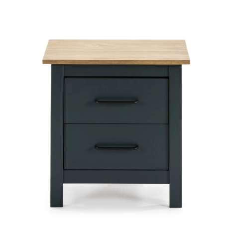 Mesita Miranda 2C Azul, verde oscuro con tapa de madera clara y dos cajones con tiradores negros.