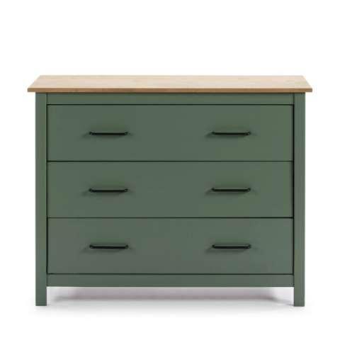 Cómoda Miranda 3C Verde con encimera de madera clara y tiradores negros.