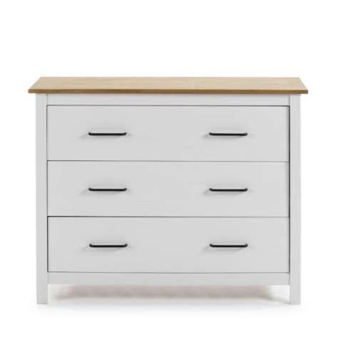 Cómoda Miranda 3C Blanco, moderna con tres cajones y tiradores negros, encimera de madera clara.