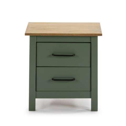 Una mesa verde con dos cajones y tiradores negros, tapa de madera.