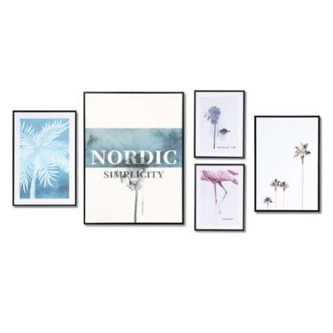 Juego de cinco pósters enmarcados de la colección Collage NORDIC con diseños minimalistas.