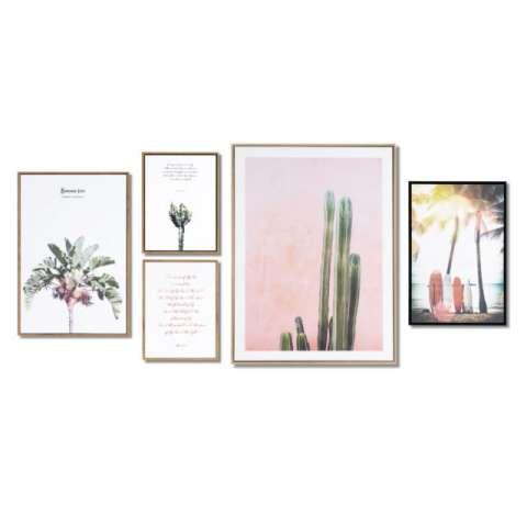 Conjunto "Collage PALM" de cinco impresiones enmarcadas con palmeras y citas inspiradoras.