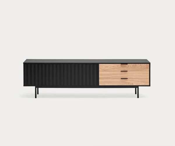 Mueble TV negro de la Colección Sierra con 2 puertas y 3 cajones