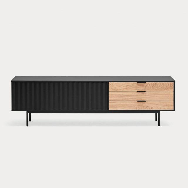 Mueble TV negro de la Colección Sierra con 2 puertas y 3 cajones