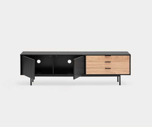 Mueble TV negro de la Colección Sierra con 2 puertas y 3 cajones