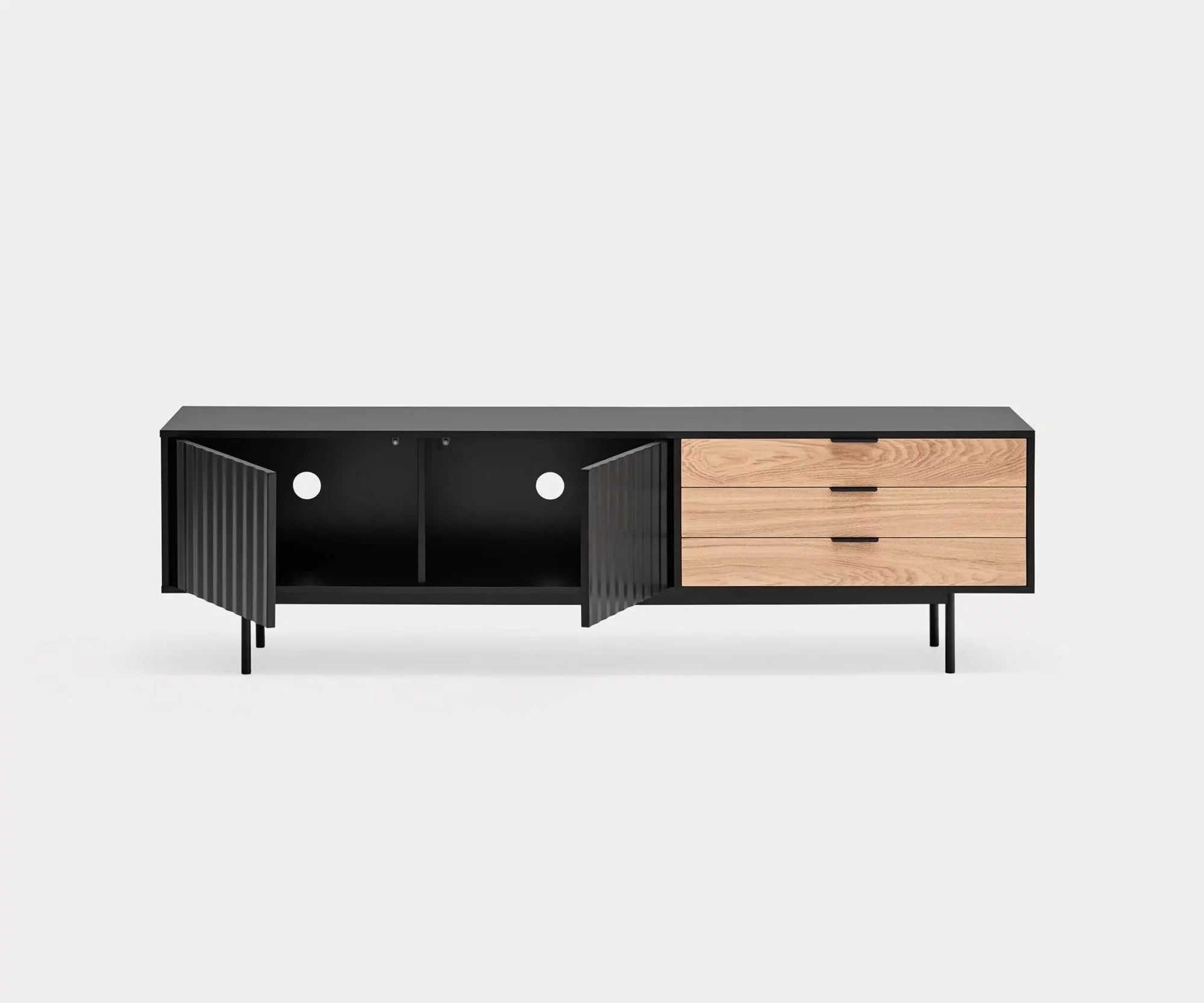 Mueble TV negro de la Colección Sierra con 2 puertas y 3 cajones