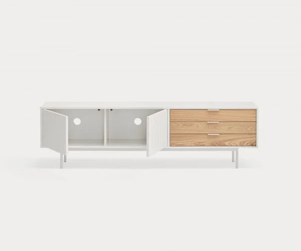 Mueble TV blanco de la Colección Sierra con 2 puertas y 3 cajones