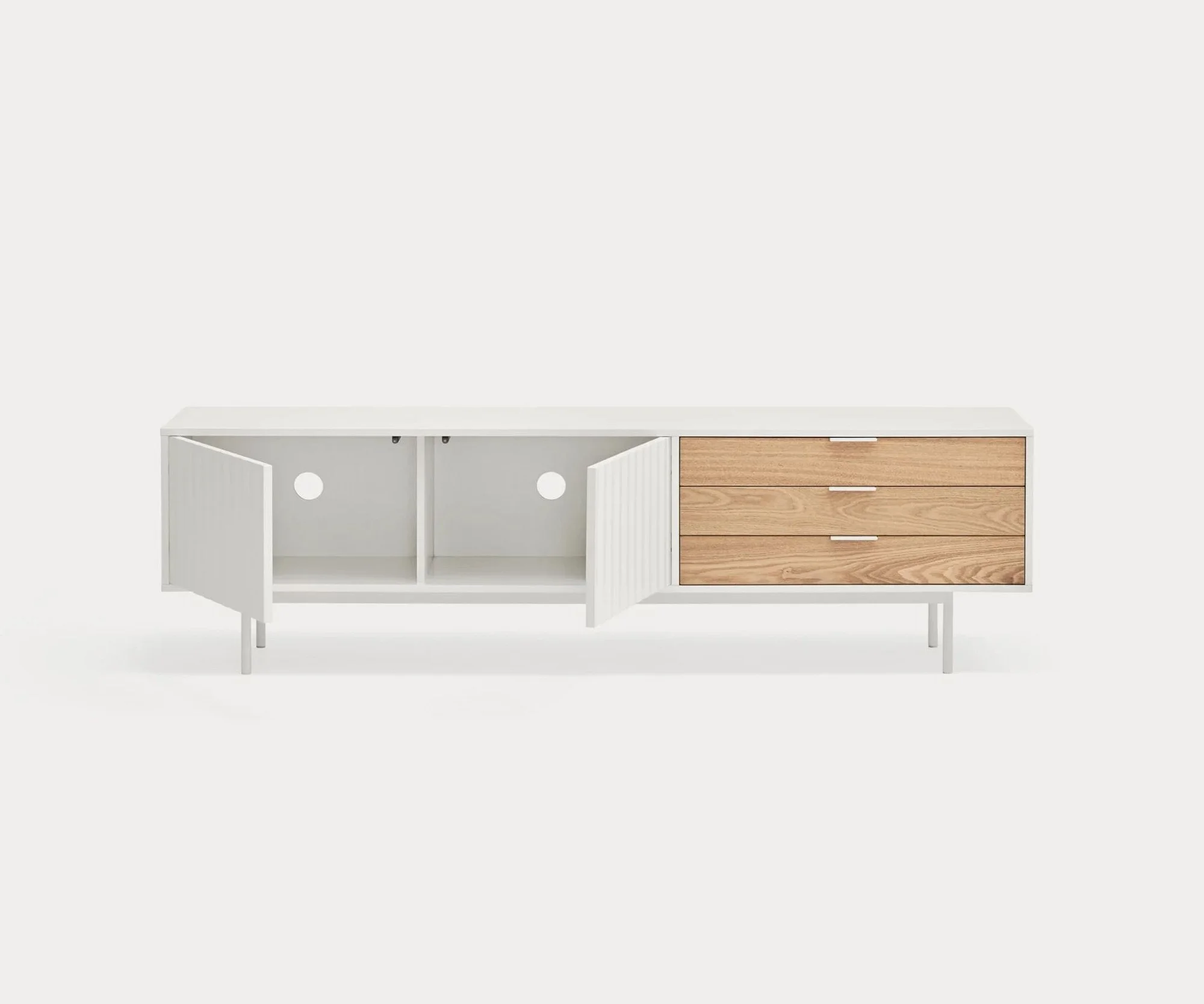 Mueble TV blanco de la Colección Sierra con 2 puertas y 3 cajones