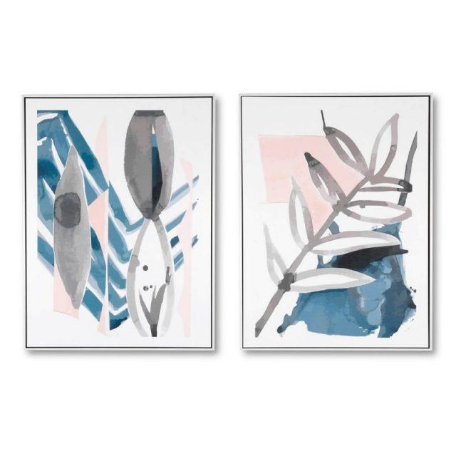 Dos cuadros abstractos con tonos azules, grises y rosas, diseños geométricos y orgánicos.