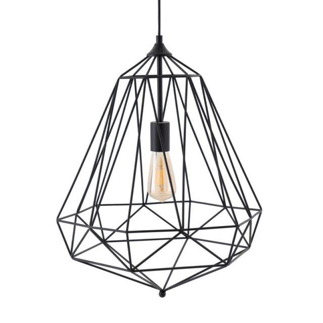 Lámpara de techo Tirig negro con diseño geométrico moderno y bombilla expuesta en armazón de alambre.
