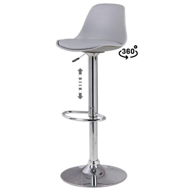 Taburete Nelly giratorio y ajustable en altura con base de cromo y reposapiés elegante.