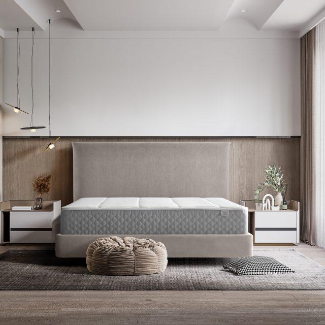 Dormitorio moderno con cama grande, decoración minimalista y ventanas de suelo a techo.