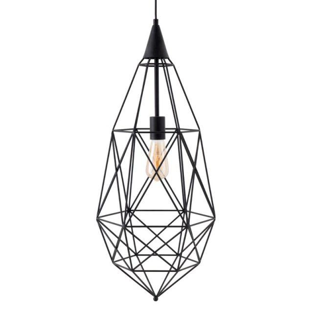 Lámpara de techo geométrica Toras con estructura de metal negro y bombilla expuesta.