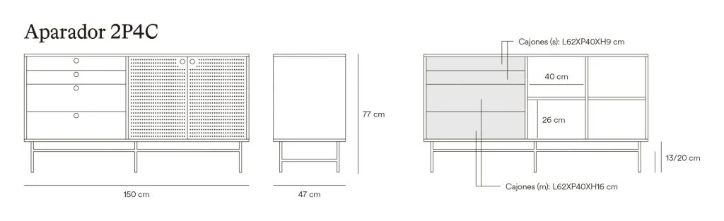 Medidas del aparador PUNTO con 2 puertas y 4 cajones