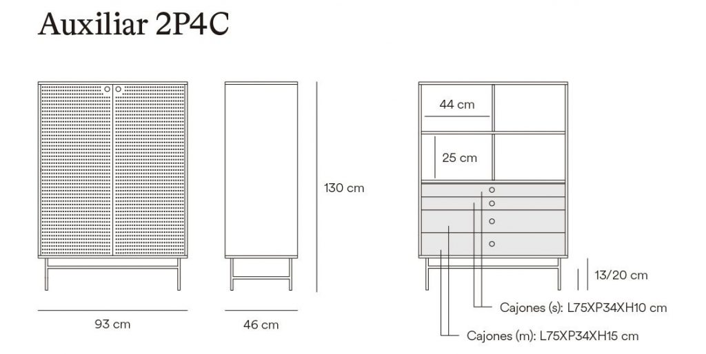 Medidas del mueble auxiliar Punto de 2 puertas y 4 cajones