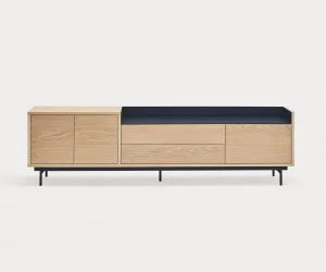 Mueble TV Valley en roble y azul oscuro con 3 puertas y 2 cajones