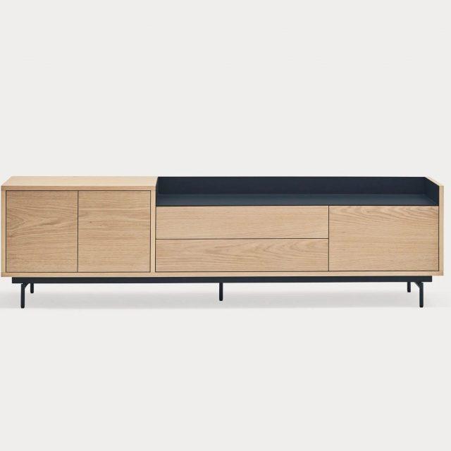 Mueble TV Valley en roble y azul oscuro con 3 puertas y 2 cajones