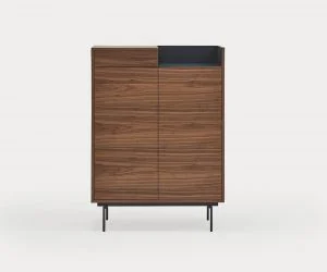 Mueble auxiliar Valley en nogal y azul oscuro con 2 puertas y 1 cajón